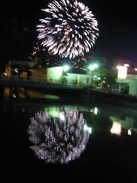 川に映った花火